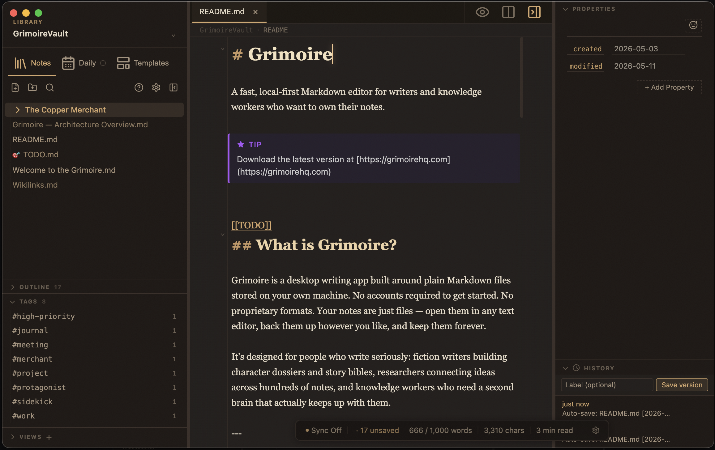 Grimoire — a warm dark Markdown editor with sidebar, tabs, and backlinks panel